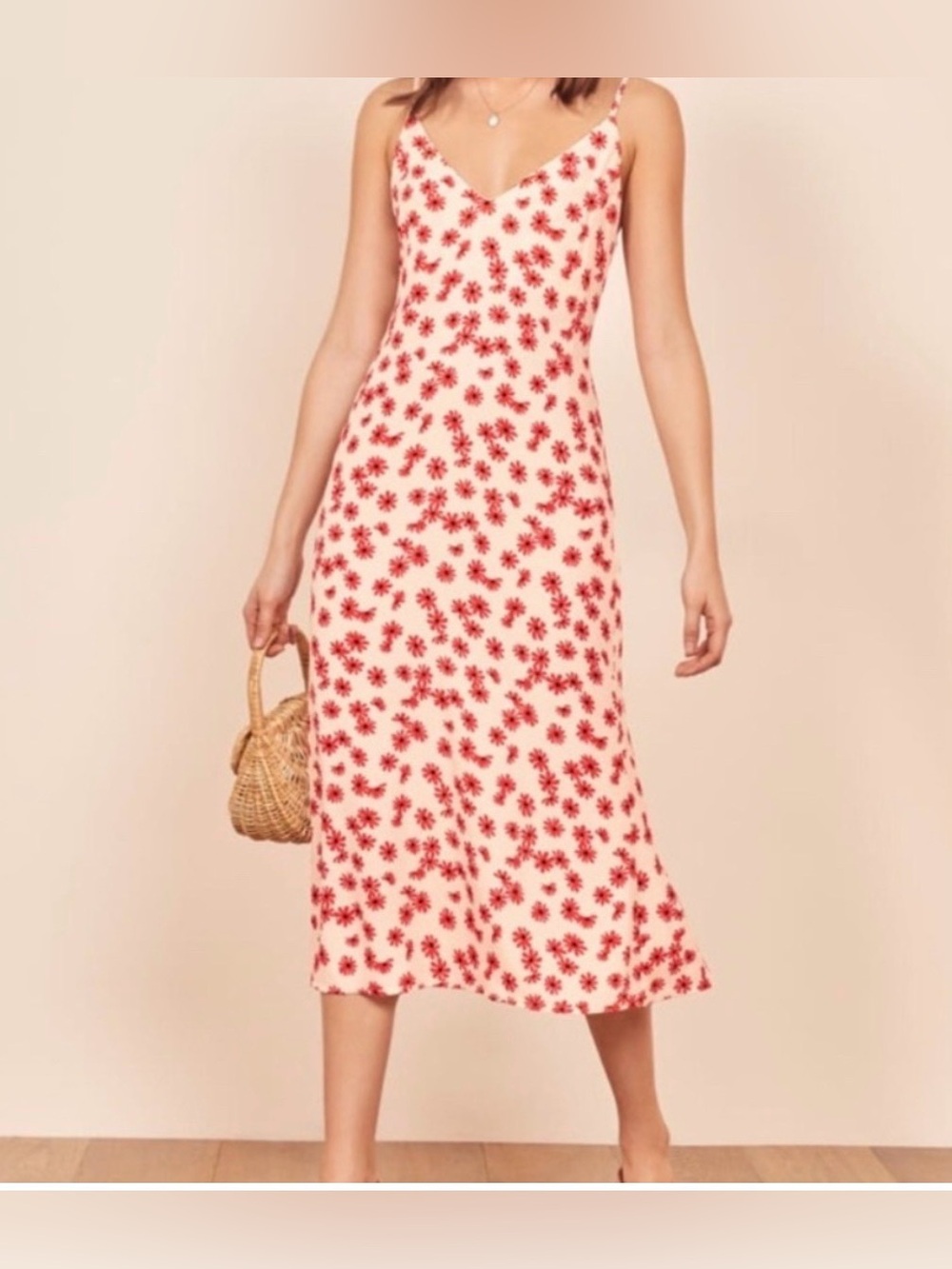 Reformation Alexandra Red Daisy Floral Midi Slip Dress Size 10